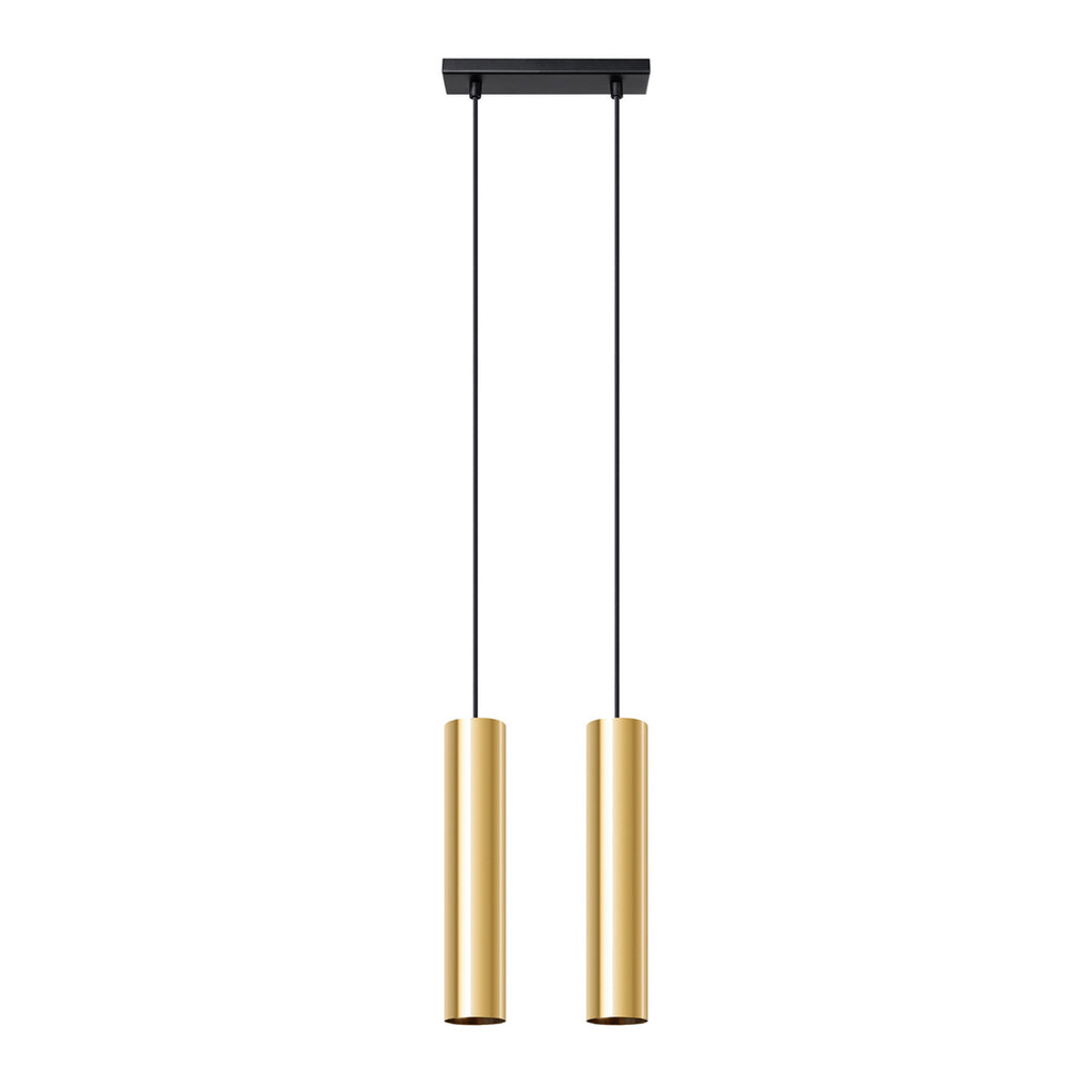 Suspension Lagos 2 lumières métal doré poli GU10, deux tubes en acier doré poli sous une barre, câbles noirs