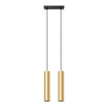 Suspension Lagos 2 lumières métal doré poli GU10, deux tubes en acier doré poli sous une barre, câbles noirs