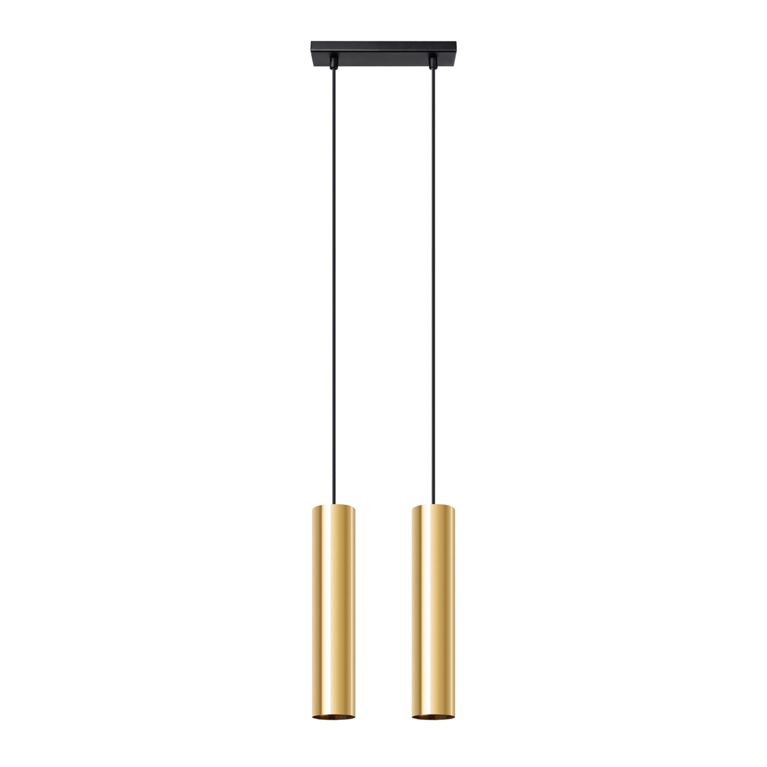 Suspension Lagos 2 lumières métal doré poli GU10, deux tubes en acier doré poli sous une barre, câbles noirs