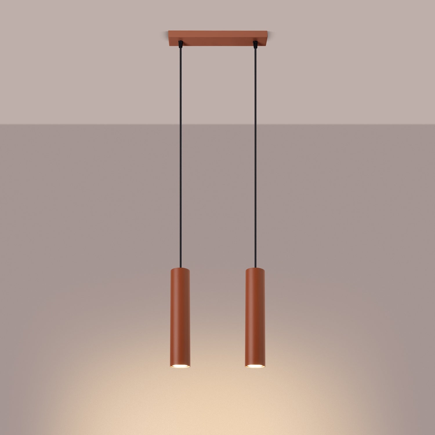 Suspension Lagos 2 lumières métal rouge ocre GU10 allumé