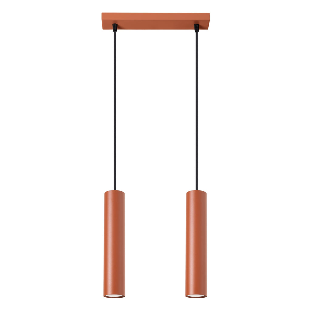Suspension Lagos 2 lumières métal rouge ocre GU10, tube cylindrique en acier laqué