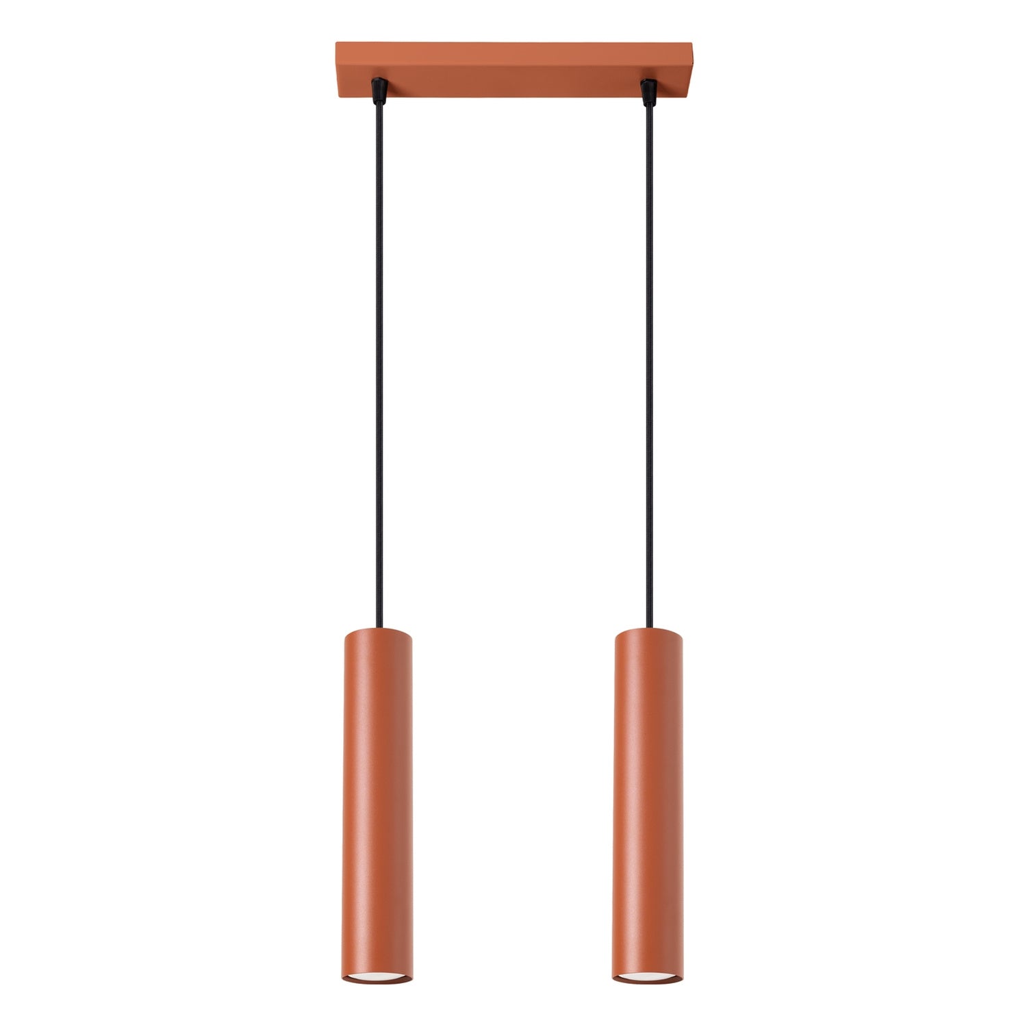 Suspension Lagos 2 lumières métal rouge ocre GU10, tube cylindrique en acier laqué