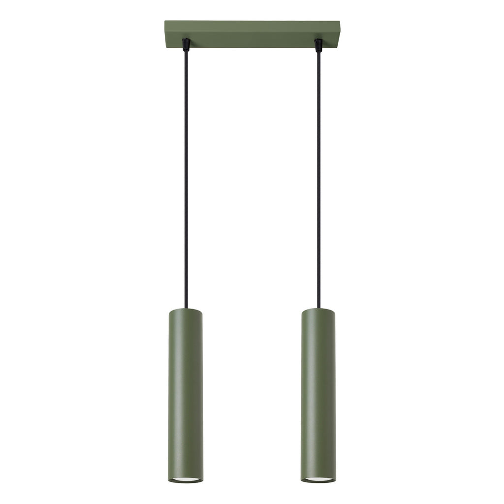 Suspension Lagos 2 lumières métal vert olive GU10, tube cylindrique en acier laqué