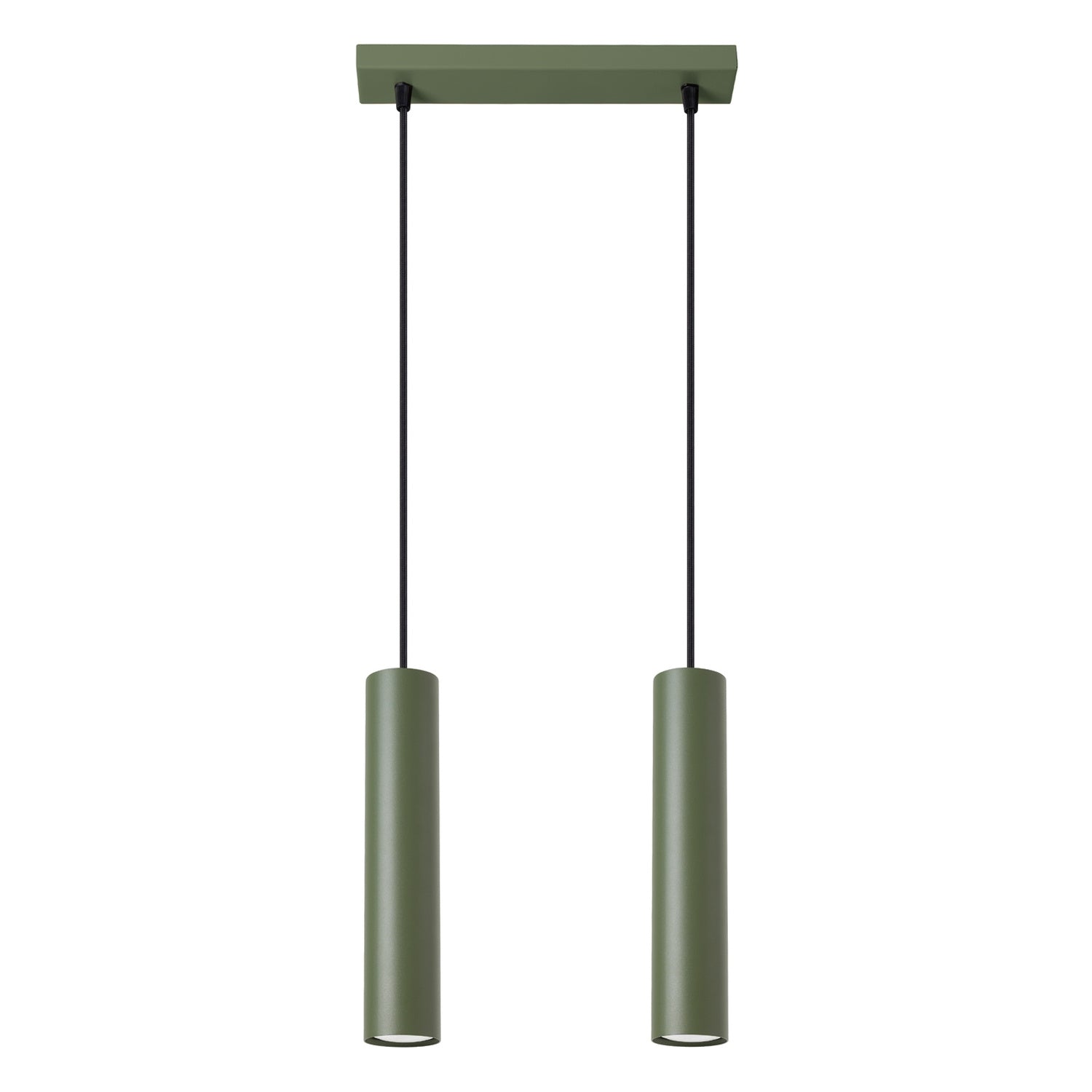 Suspension Lagos 2 lumières métal vert olive GU10, tube cylindrique en acier laqué