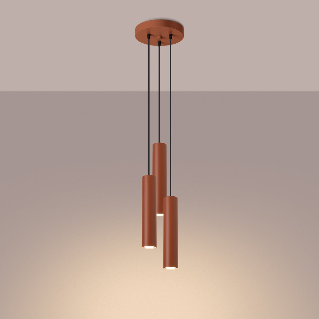 Suspension Lagos 3 en grappe métal rouge ocre GU10 allumé