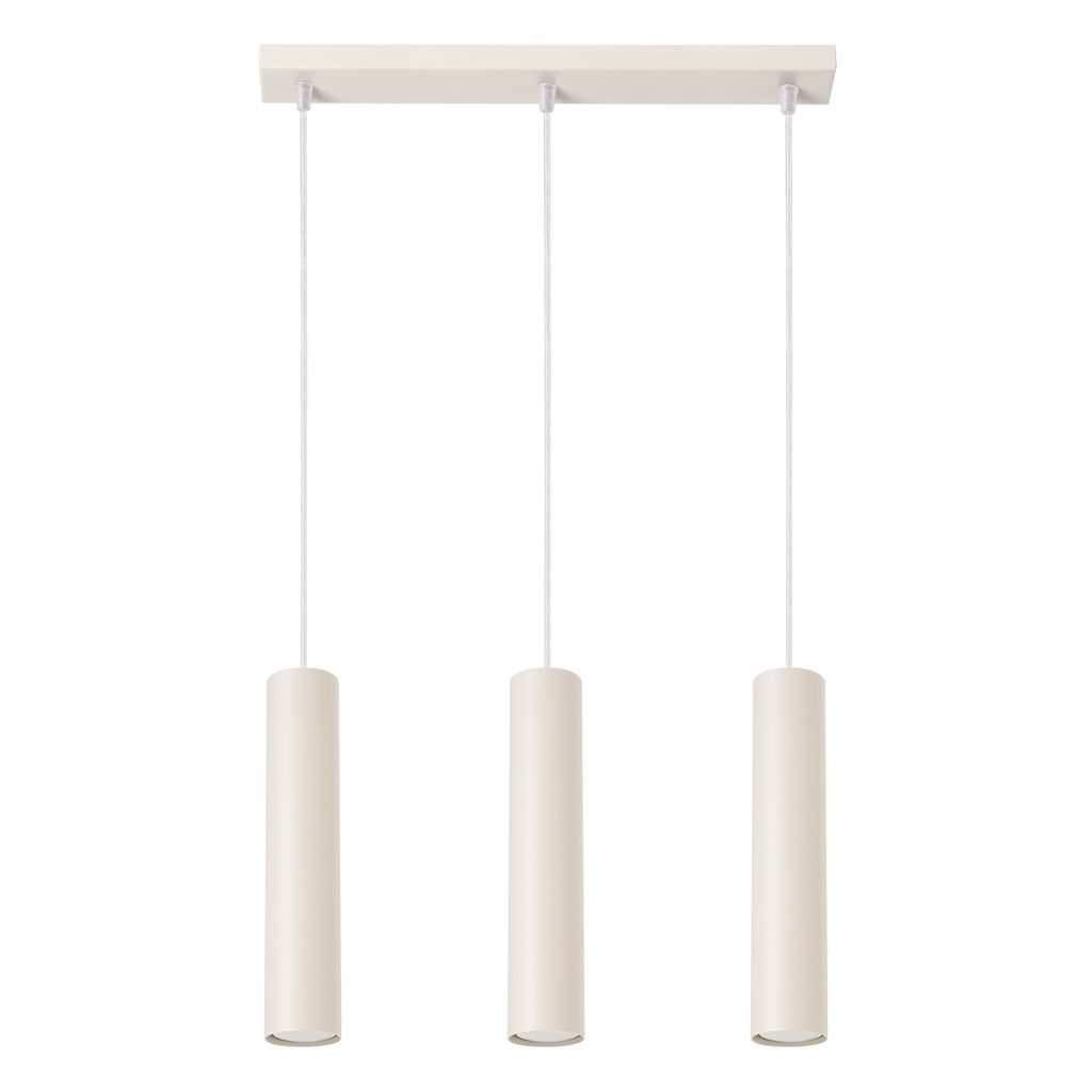 Suspension Lagos 3 lumières métal beige GU10, tube cylindrique en acier laqué