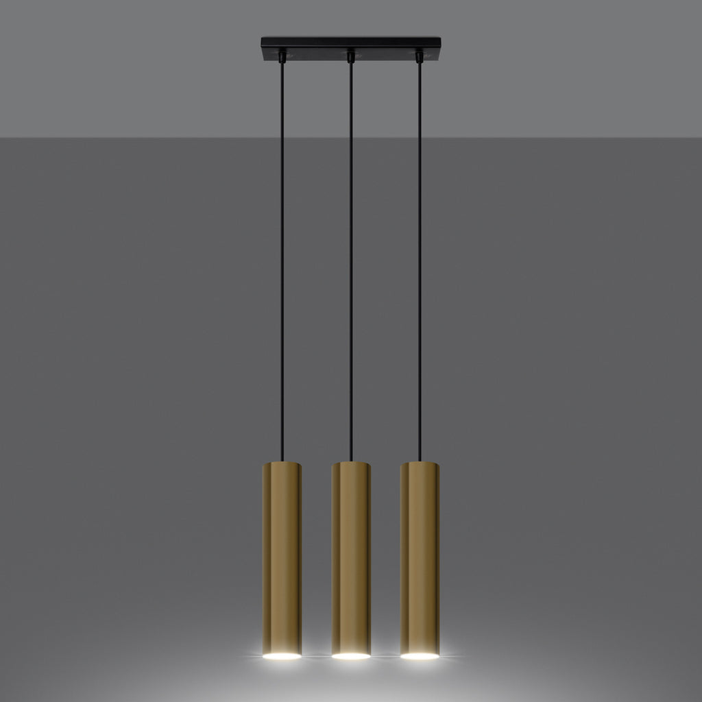 Suspension Lagos 3 lumières métal doré poli GU10 allumée, trois faisceaux GU10 dirigés vers le bas