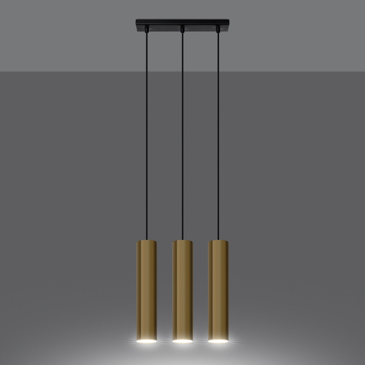 Suspension Lagos 3 lumières métal doré poli GU10 allumée, trois faisceaux GU10 dirigés vers le bas