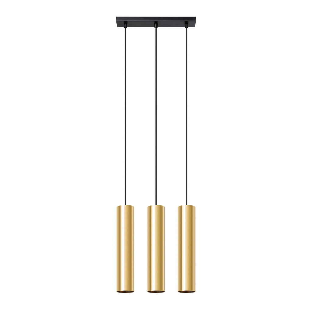 Suspension Lagos 3 lumières métal doré poli GU10, trois tubes cylindriques en acier doré poli brillant sur une barre, faisceaux GU10 vers le bas