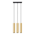 Suspension Lagos 3 lumières métal doré poli GU10, trois tubes cylindriques en acier doré poli brillant sur une barre, faisceaux GU10 vers le bas