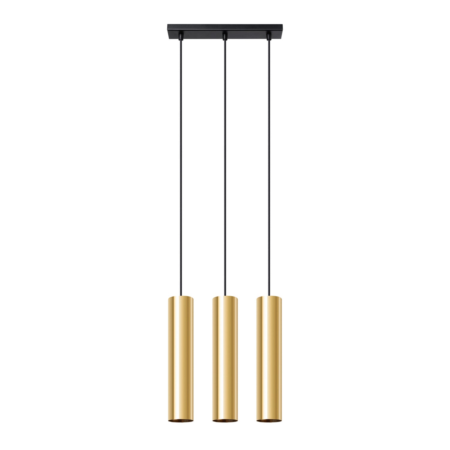 Suspension Lagos 3 lumières métal doré poli GU10, trois tubes cylindriques en acier doré poli brillant sur une barre, faisceaux GU10 vers le bas