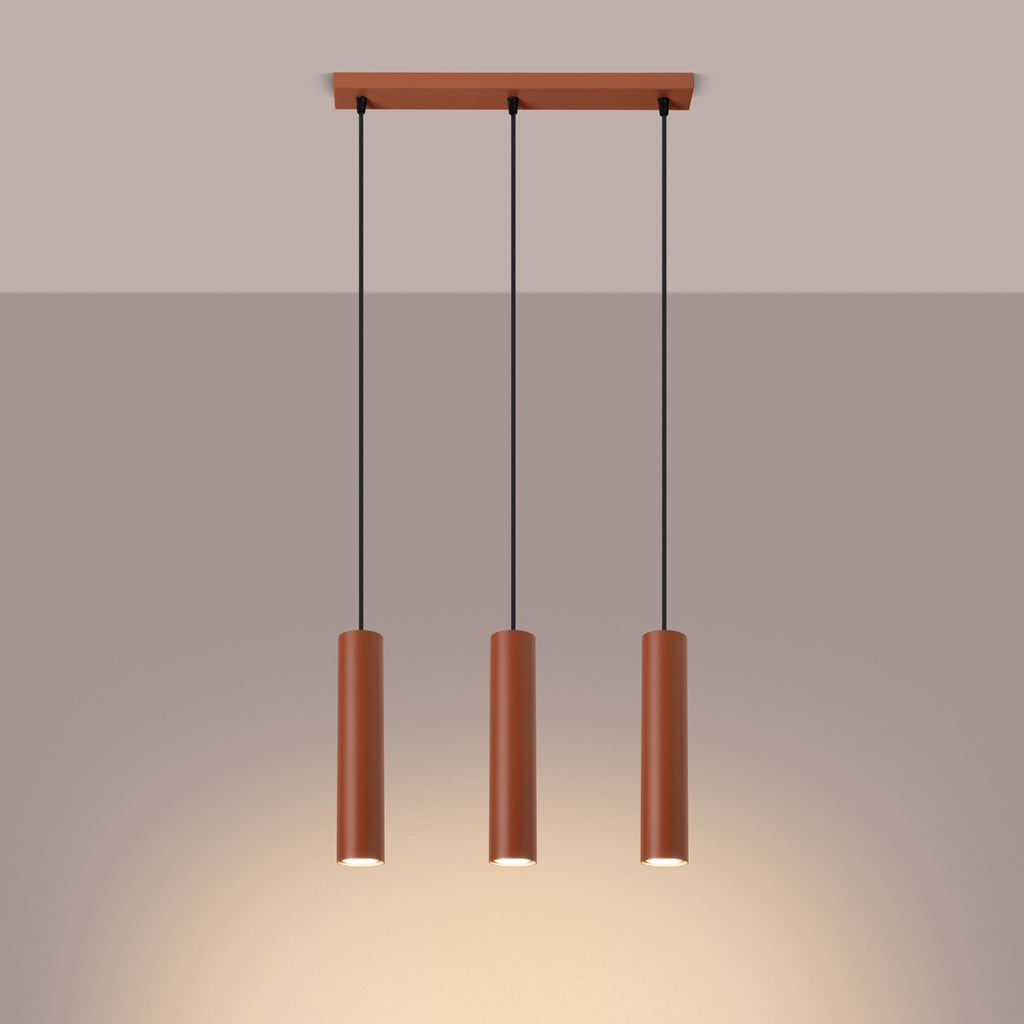 Suspension Lagos 3 lumières métal rouge ocre GU10 allumé