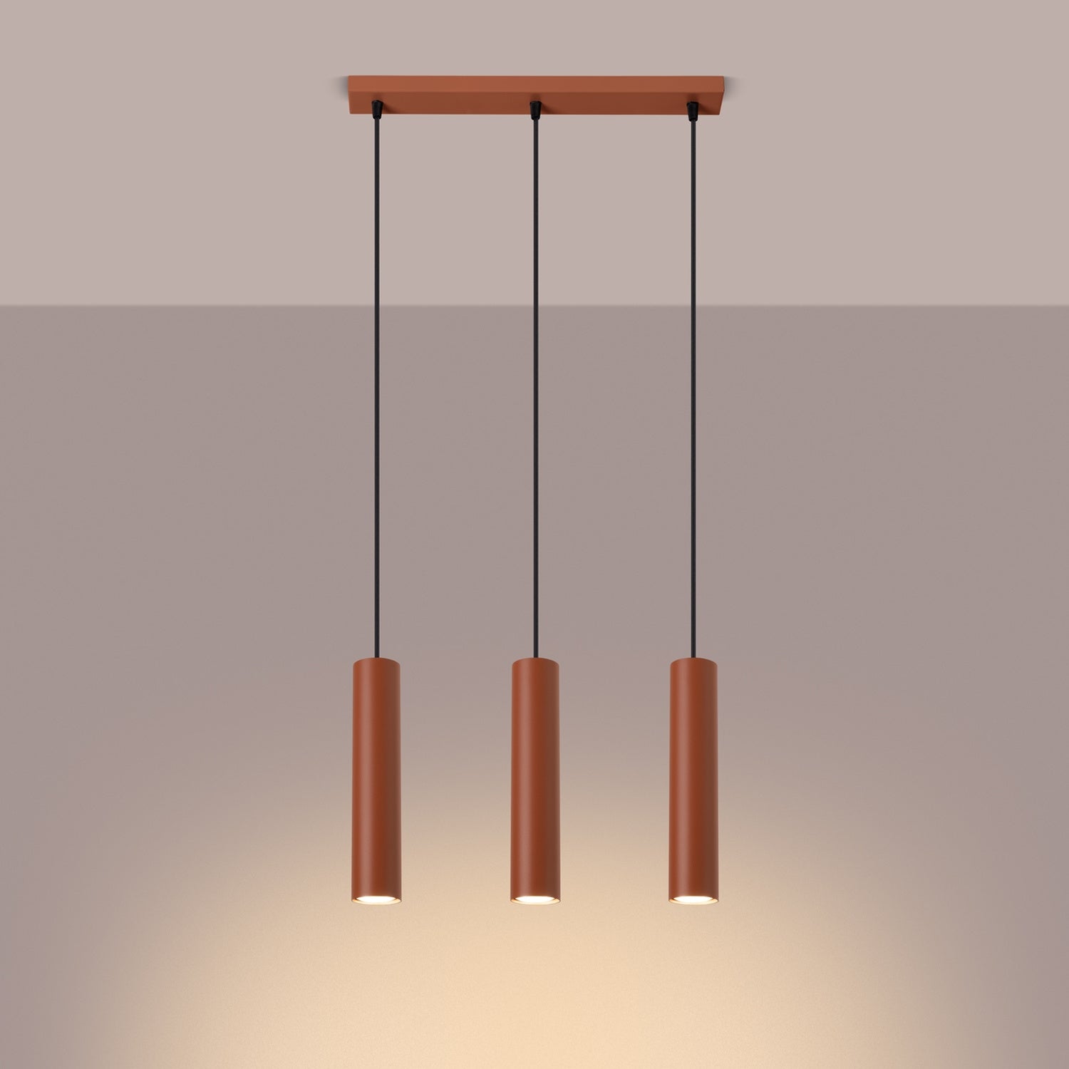 Suspension Lagos 3 lumières métal rouge ocre GU10 allumé