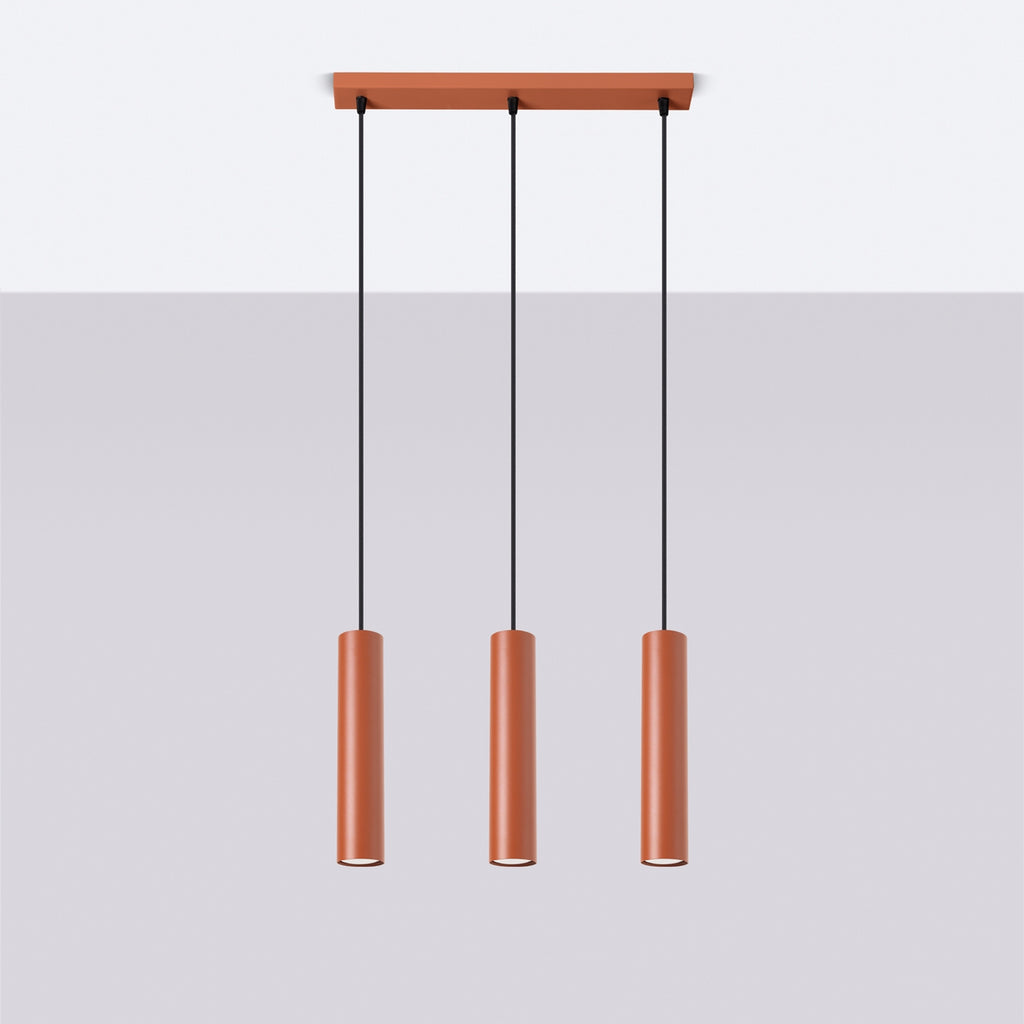 Suspension Lagos 3 lumières métal rouge ocre GU10 de profil
