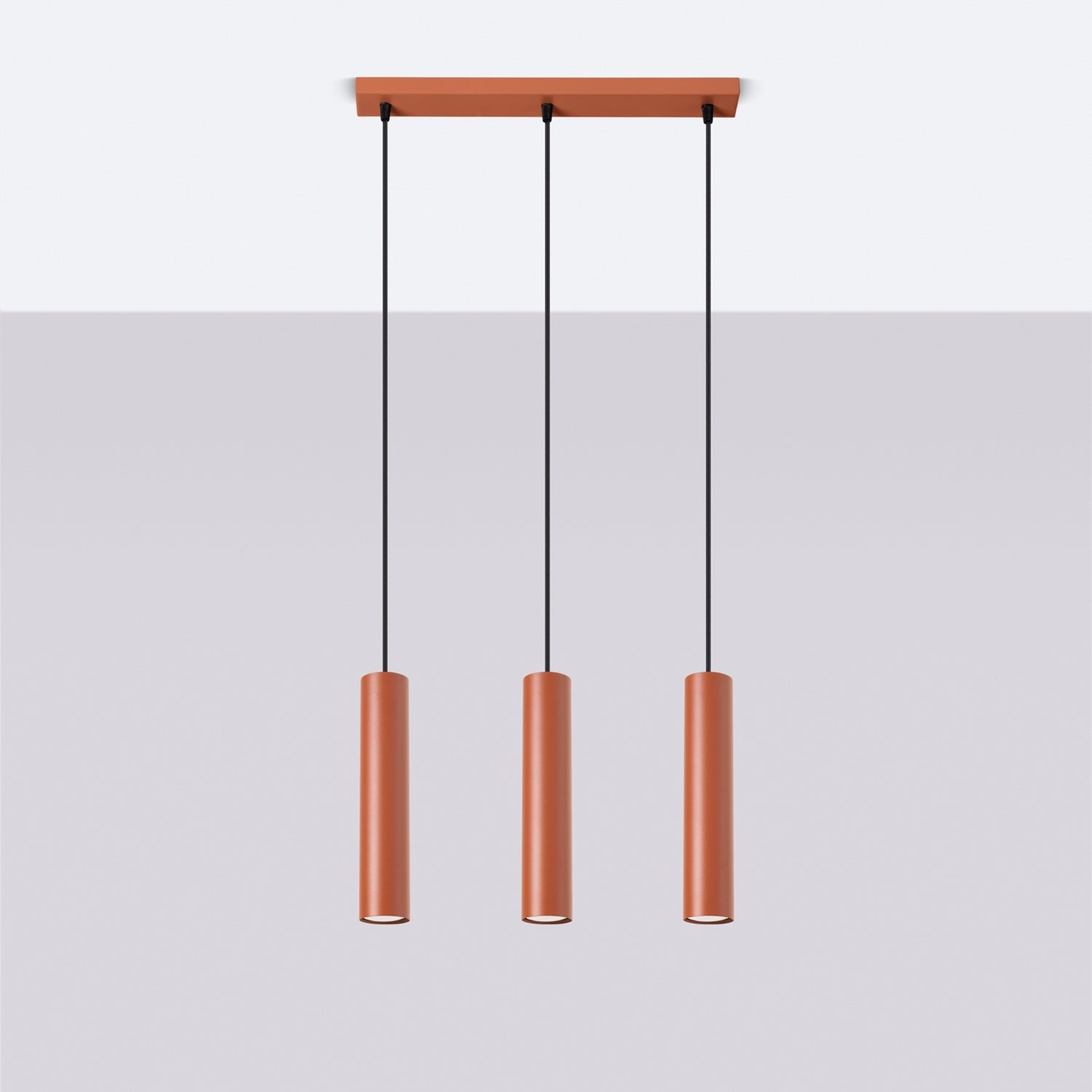 Suspension Lagos 3 lumières métal rouge ocre GU10 de profil