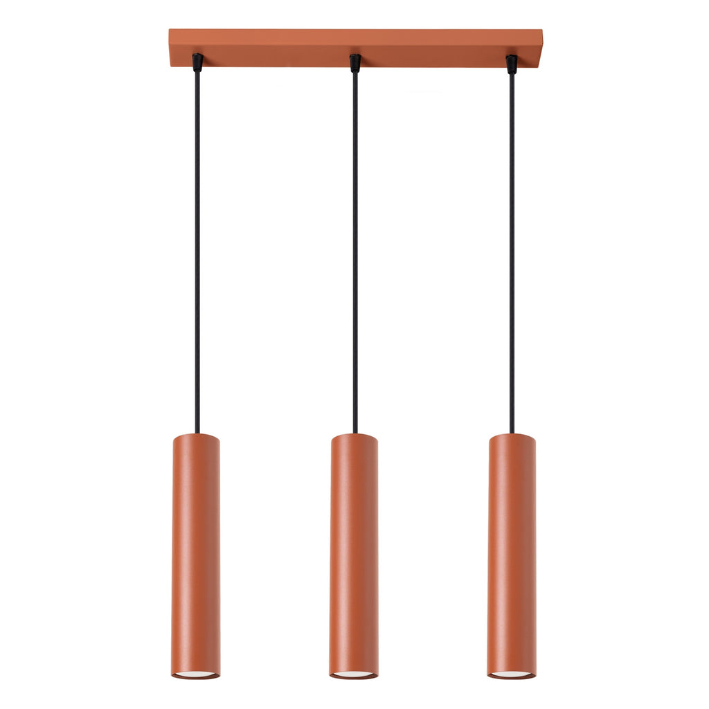 Suspension Lagos 3 lumières métal rouge ocre GU10, tube cylindrique en acier laqué