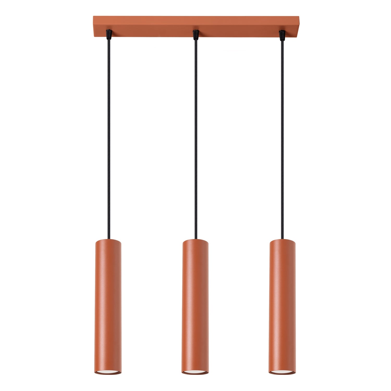 Suspension Lagos 3 lumières métal rouge ocre GU10, tube cylindrique en acier laqué