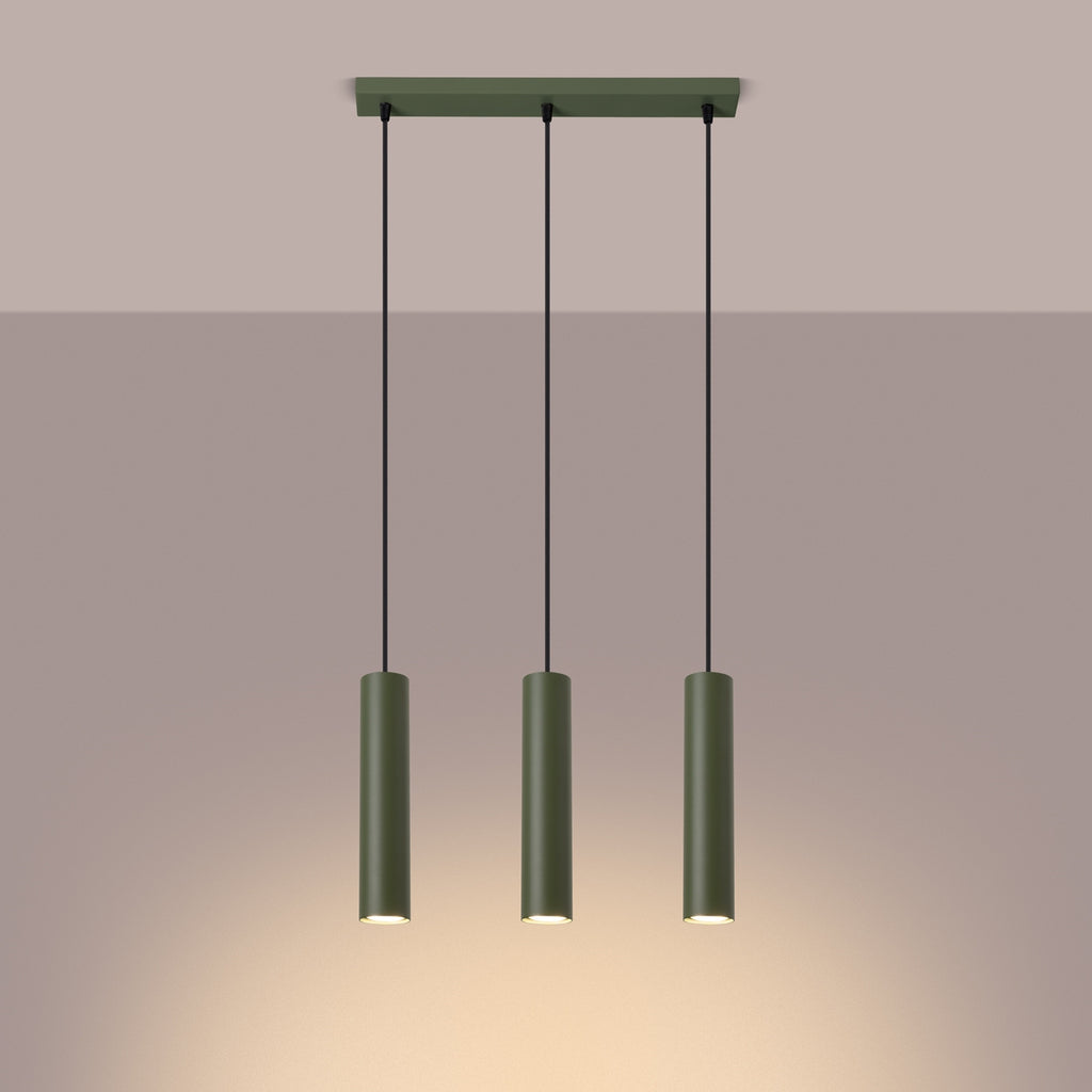 Suspension Lagos 3 lumières métal vert olive GU10 allumé