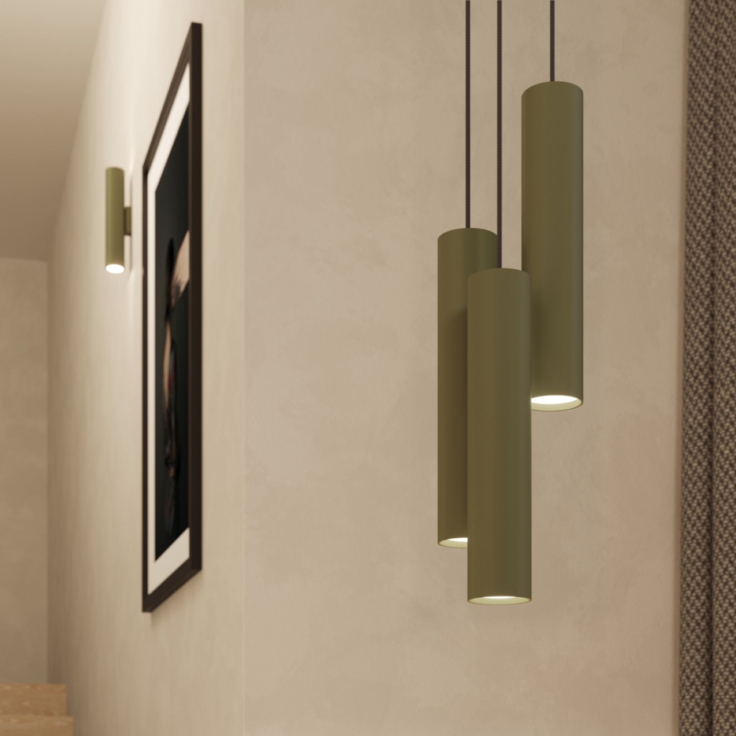 Suspension Lagos 3 lumières métal vert olive GU10 en situation dans un intérieur