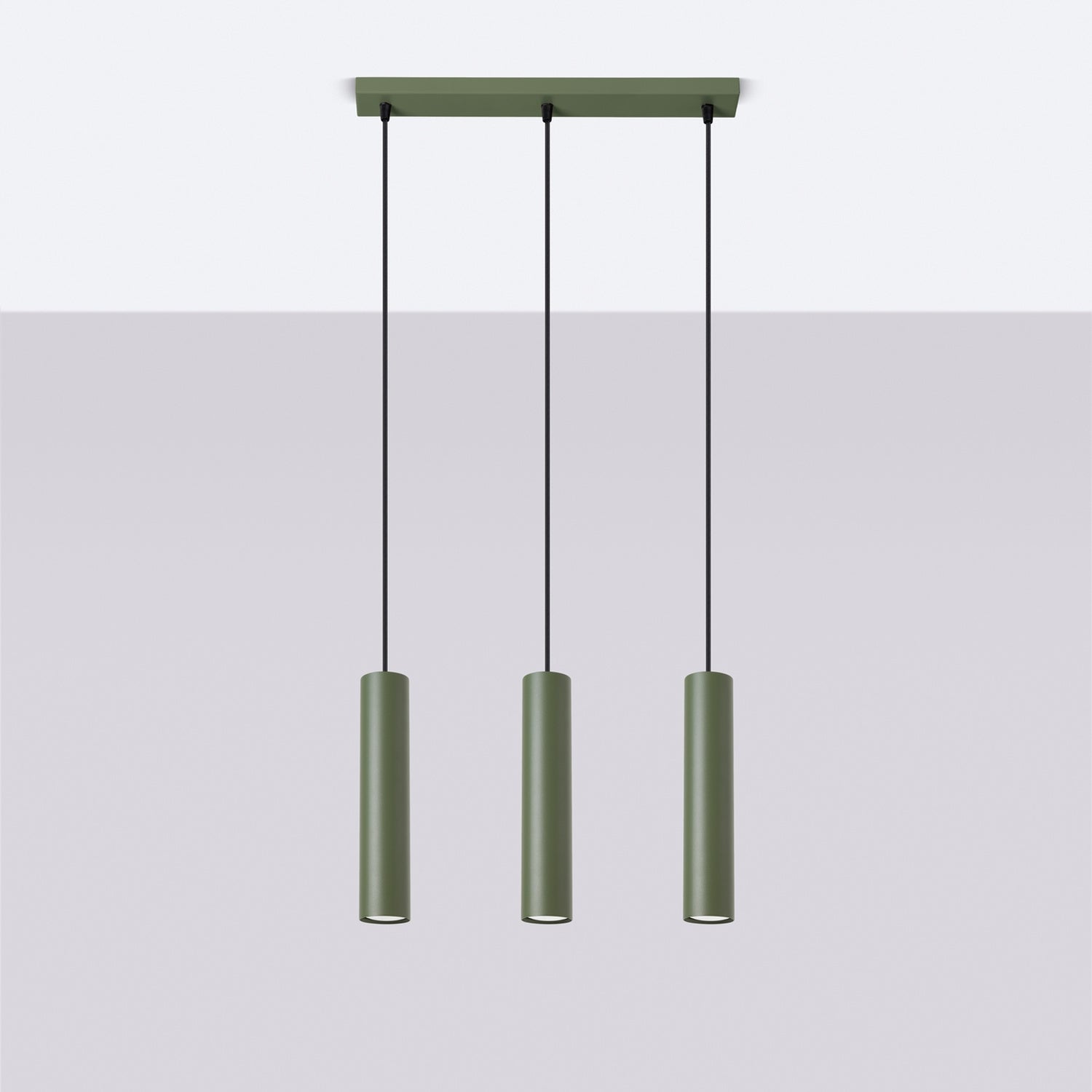 Suspension Lagos 3 lumières métal vert olive GU10 de profil