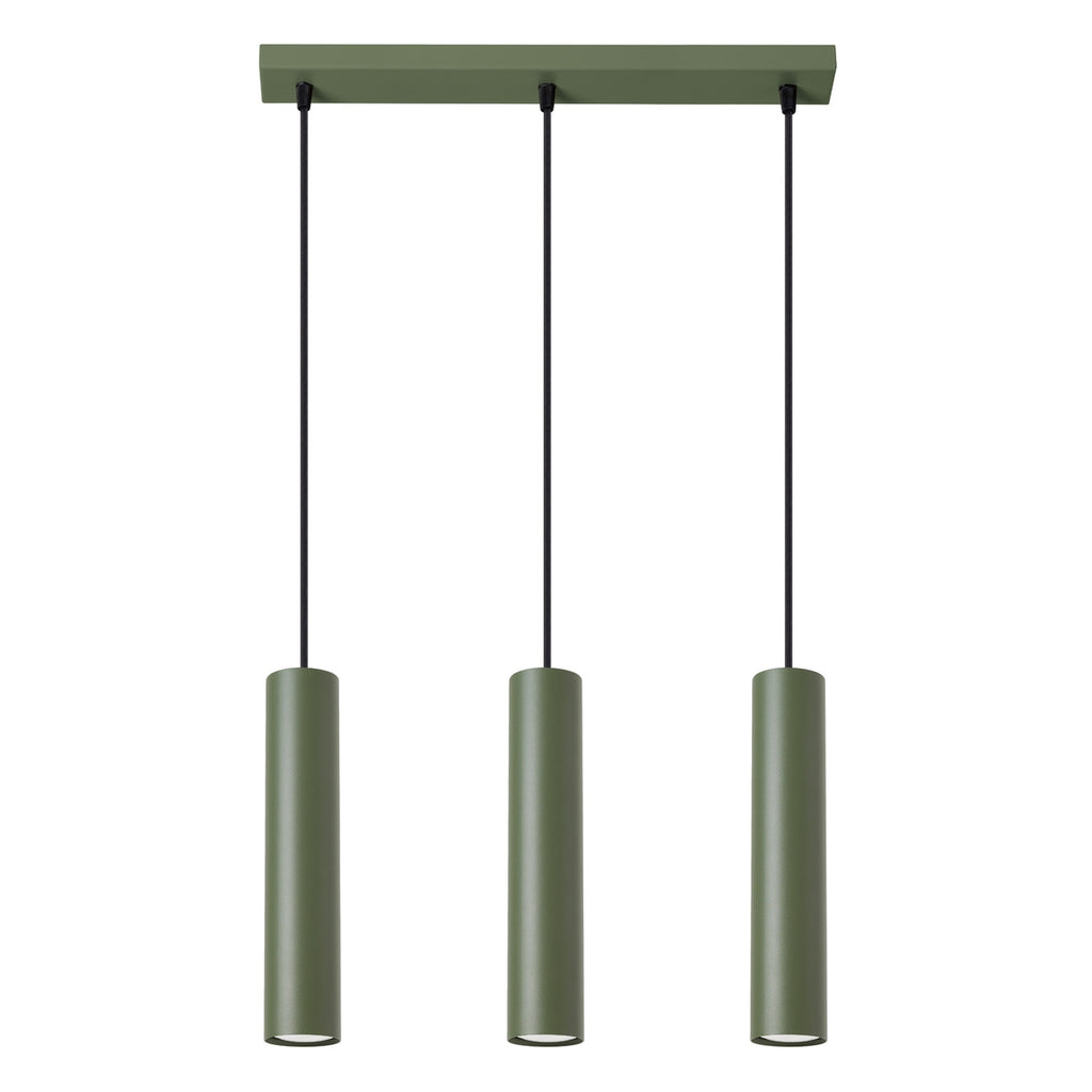 Suspension Lagos 3 lumières métal vert olive GU10, tube cylindrique en acier laqué