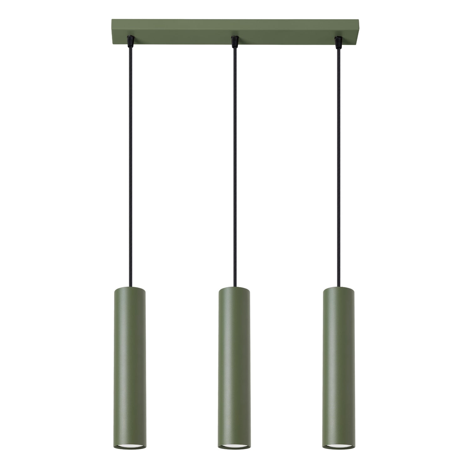 Suspension Lagos 3 lumières métal vert olive GU10, tube cylindrique en acier laqué