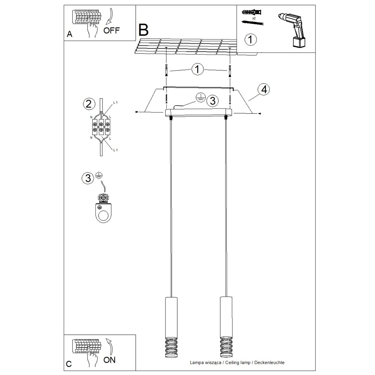 Notice de montage : Suspension Lami 2 tubes ajourés acier blanc GU10
