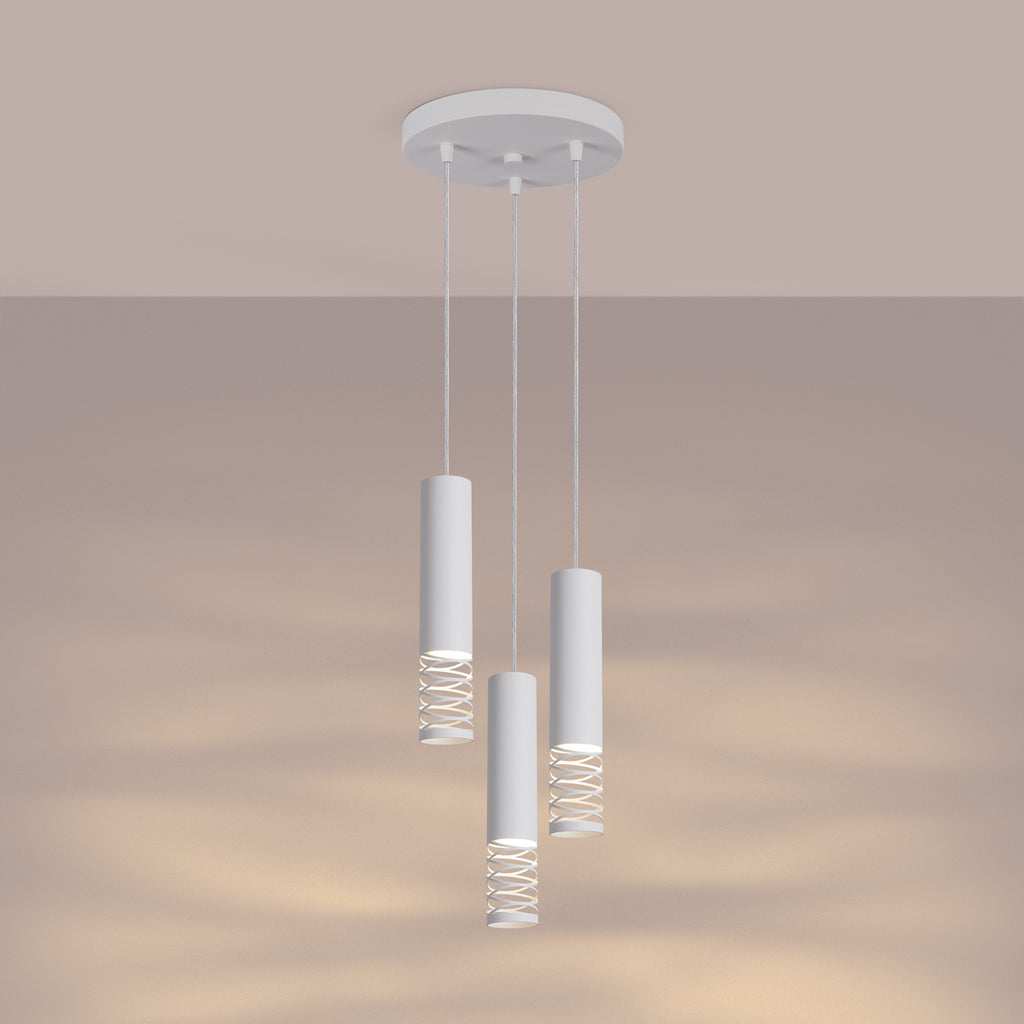 Suspension Lami 3 tubes ajourés en grappe acier blanc GU10 allumé