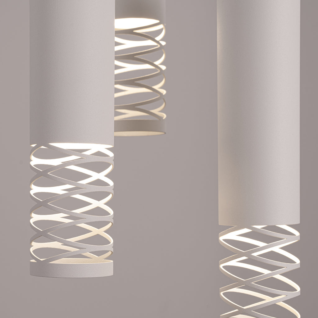 Suspension Lami 3 tubes ajourés en grappe acier blanc GU10, faisceau vers le bas
