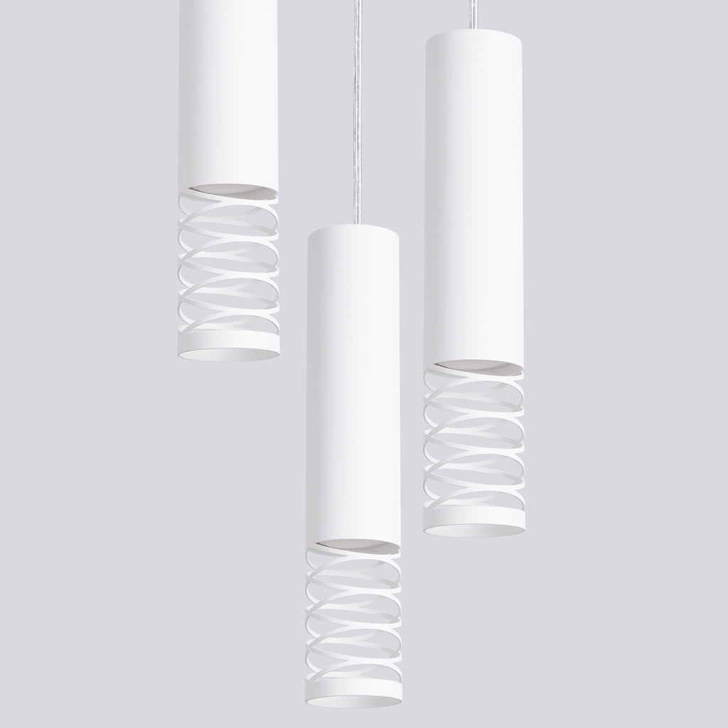 Suspension Lami 3 tubes ajourés en grappe acier blanc GU10, détail de la bande ajourée