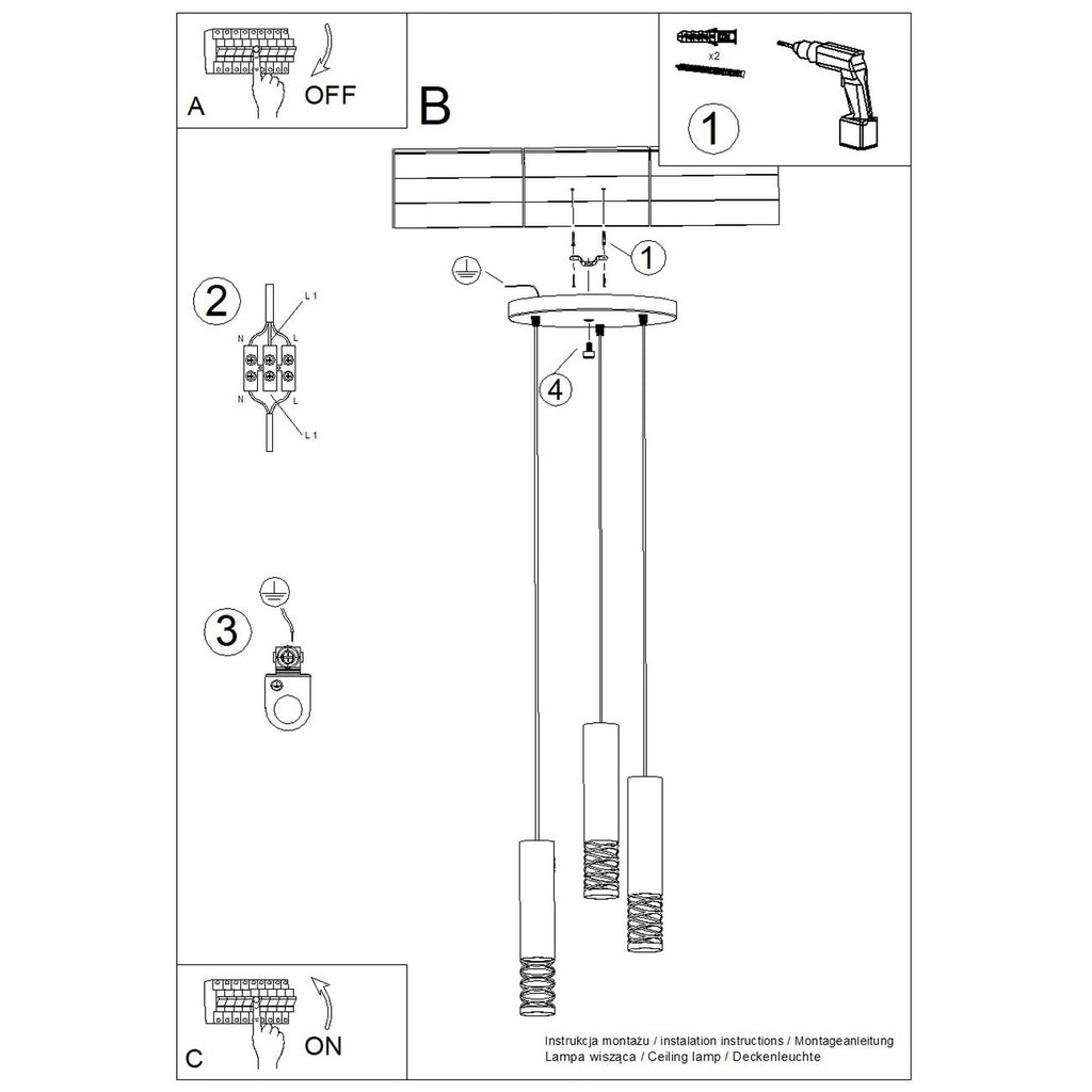 Notice de montage : Suspension Lami 3 tubes ajourés en grappe acier blanc GU10