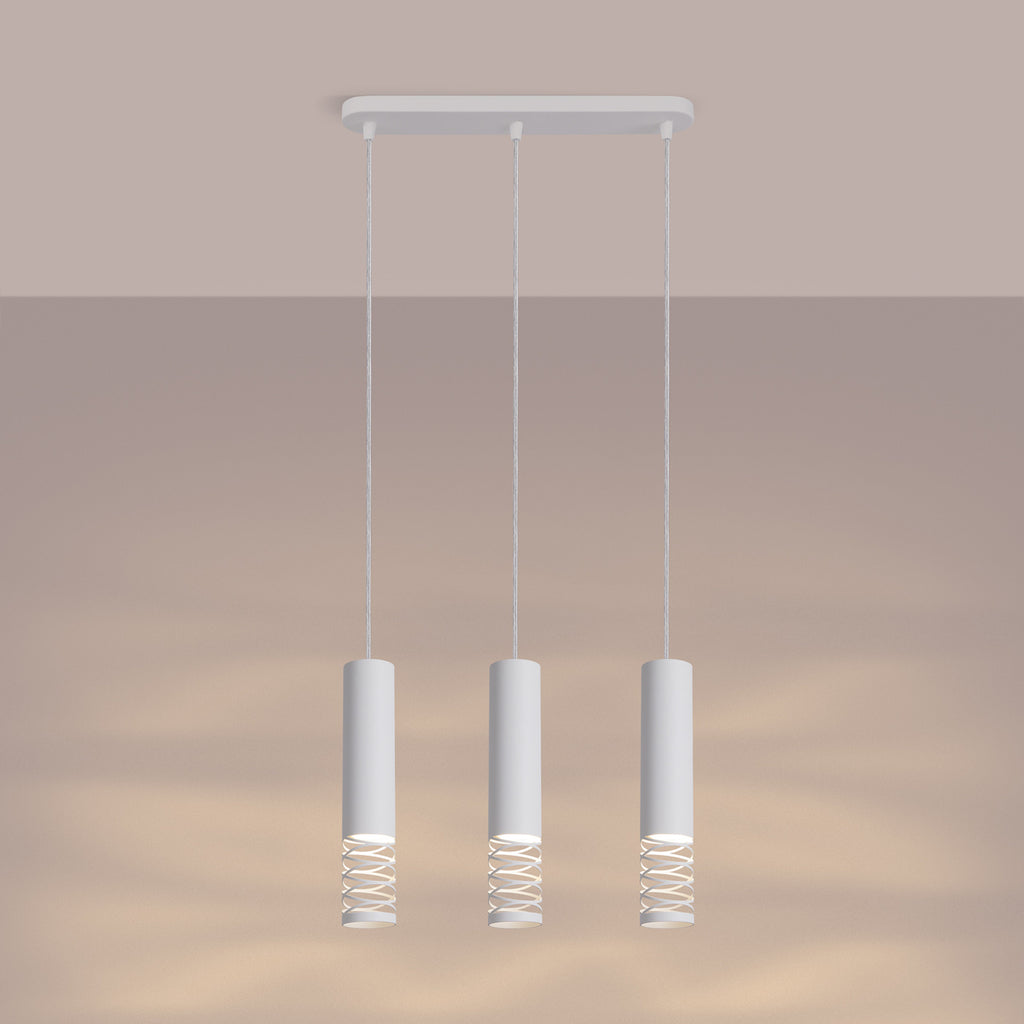 Suspension Lami 3 tubes ajourés en ligne acier blanc GU10 allumé