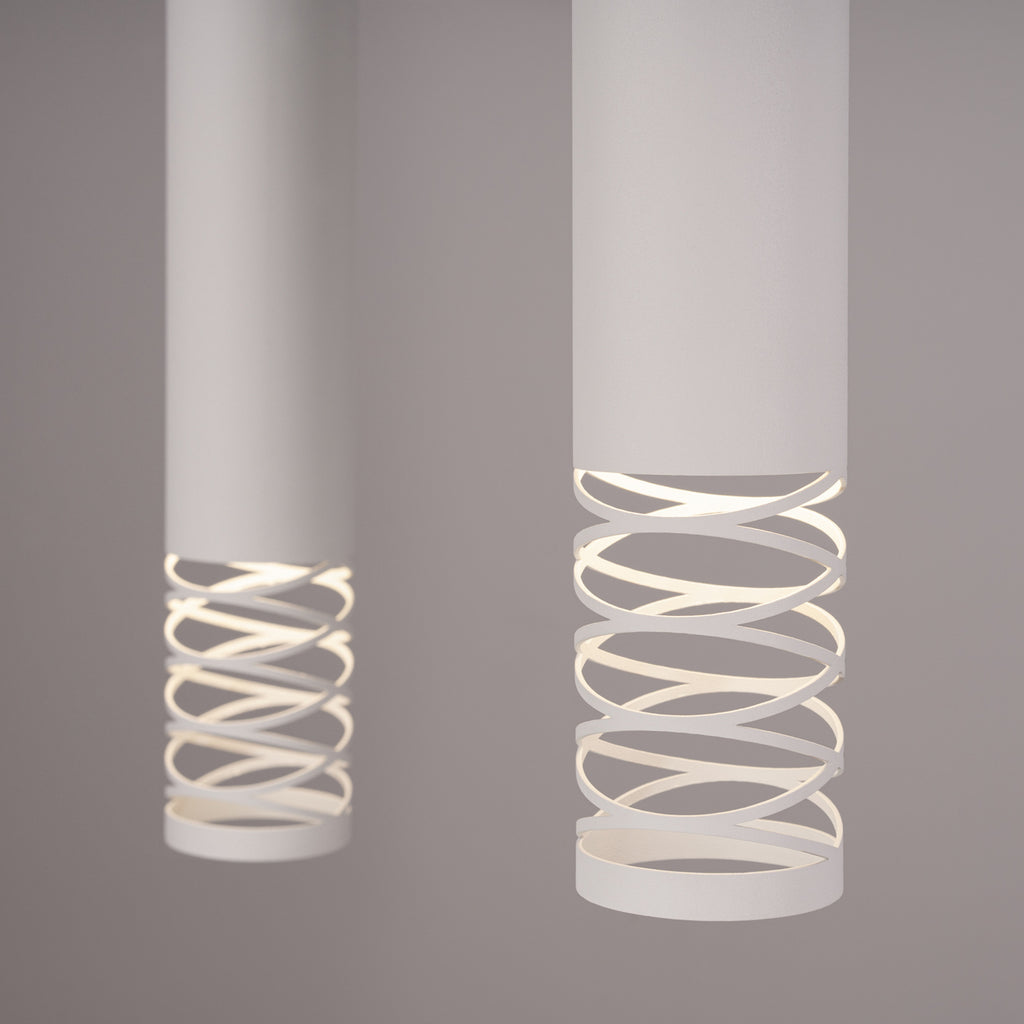 Suspension Lami 3 tubes ajourés en ligne acier blanc GU10, détail de la bande ajourée