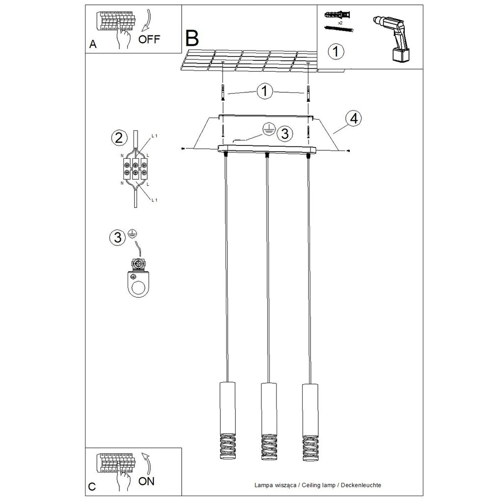 Notice de montage : Suspension Lami 3 tubes ajourés en ligne acier blanc GU10