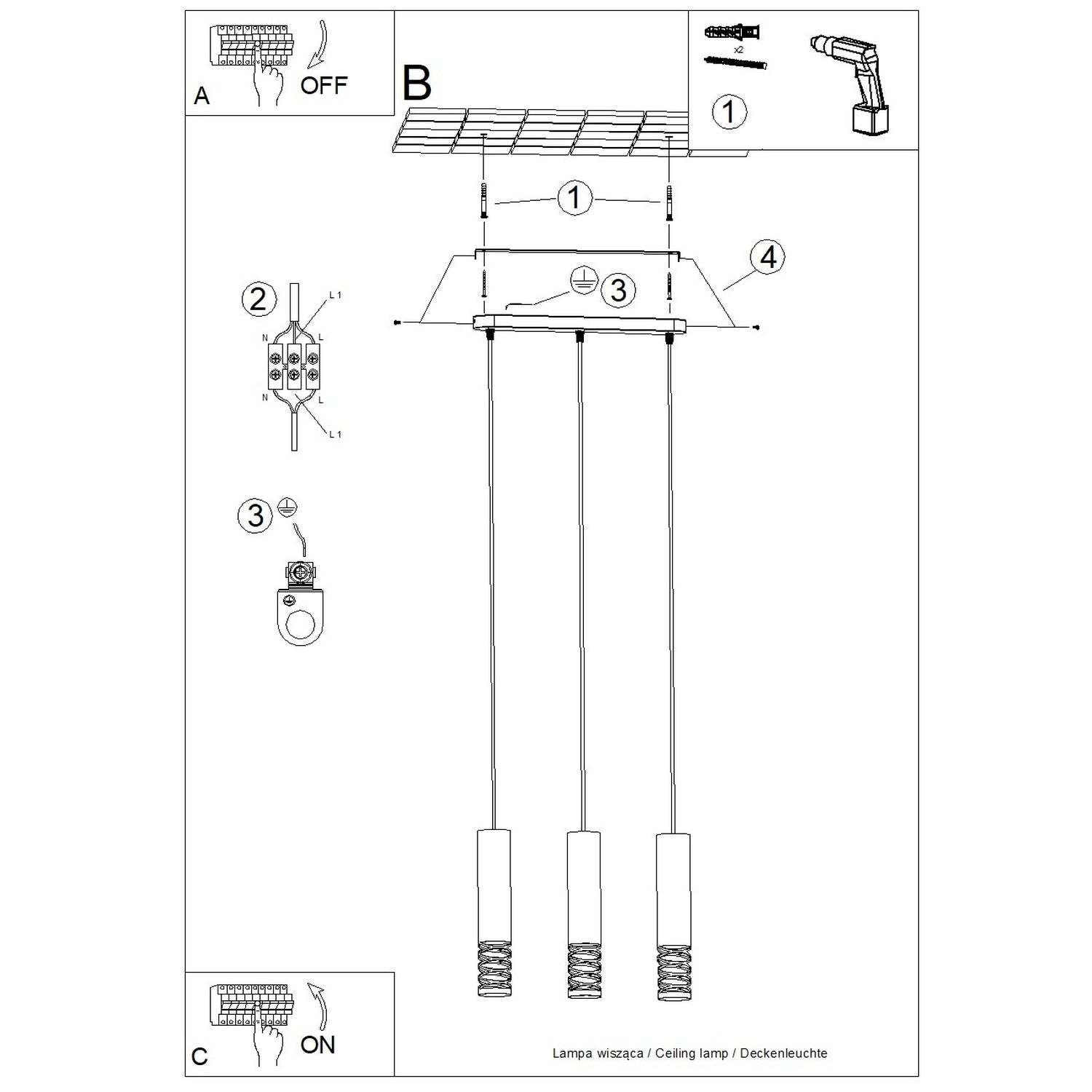 Notice de montage : Suspension Lami 3 tubes ajourés en ligne acier blanc GU10