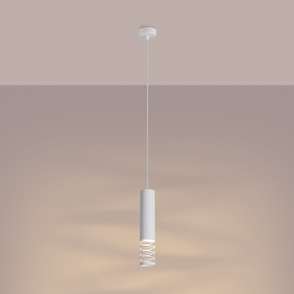 Suspension Lami tube ajouré acier blanc GU10 allumé
