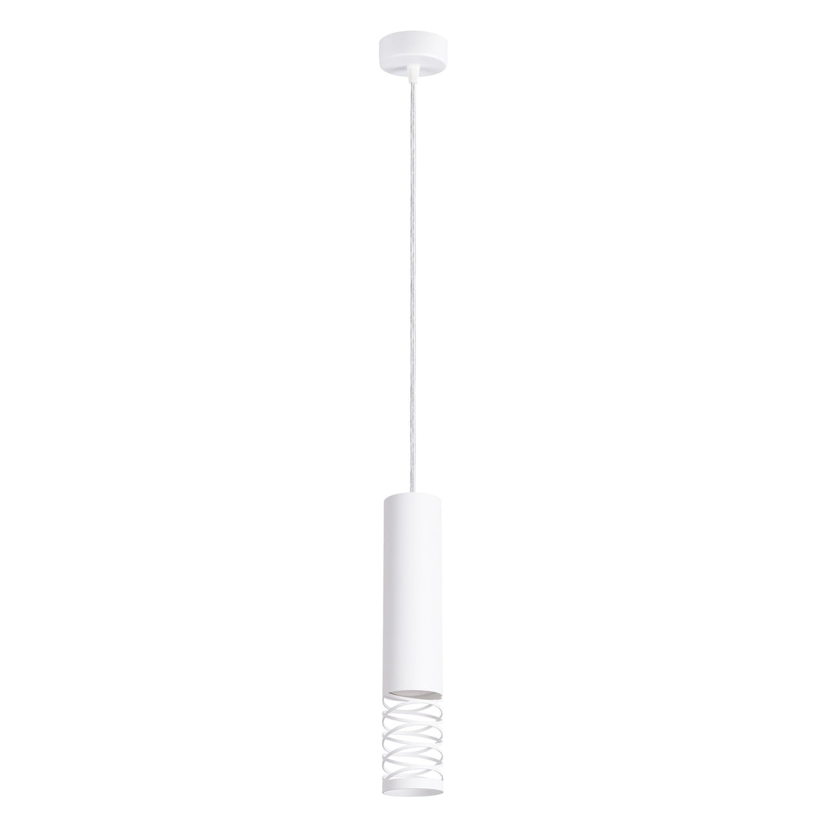 Suspension Lami tube en acier blanc ajouré en spirale sur sa partie basse avec câble transparent et rosace ronde