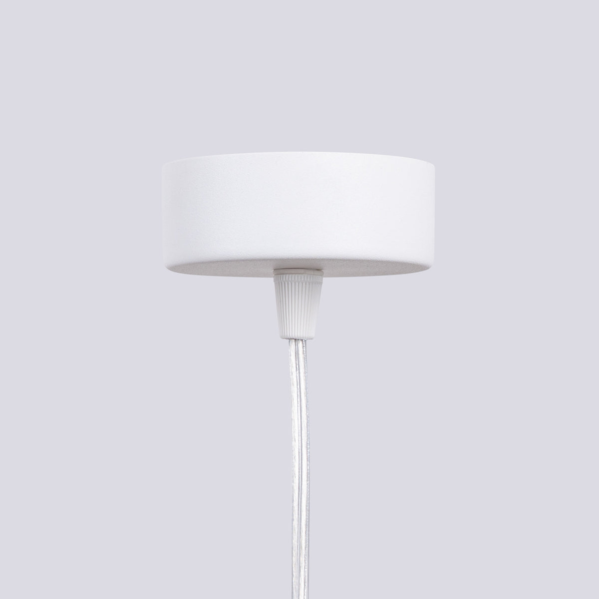 Rosace ronde en acier blanc de la suspension Lami avec son serre-câble et son câble transparent