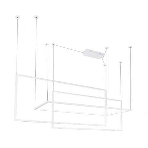 Suspension LED Geometric blanche à trois cadres rectangulaires croisés suspendus à des câbles fins sous leur boîtier plafond