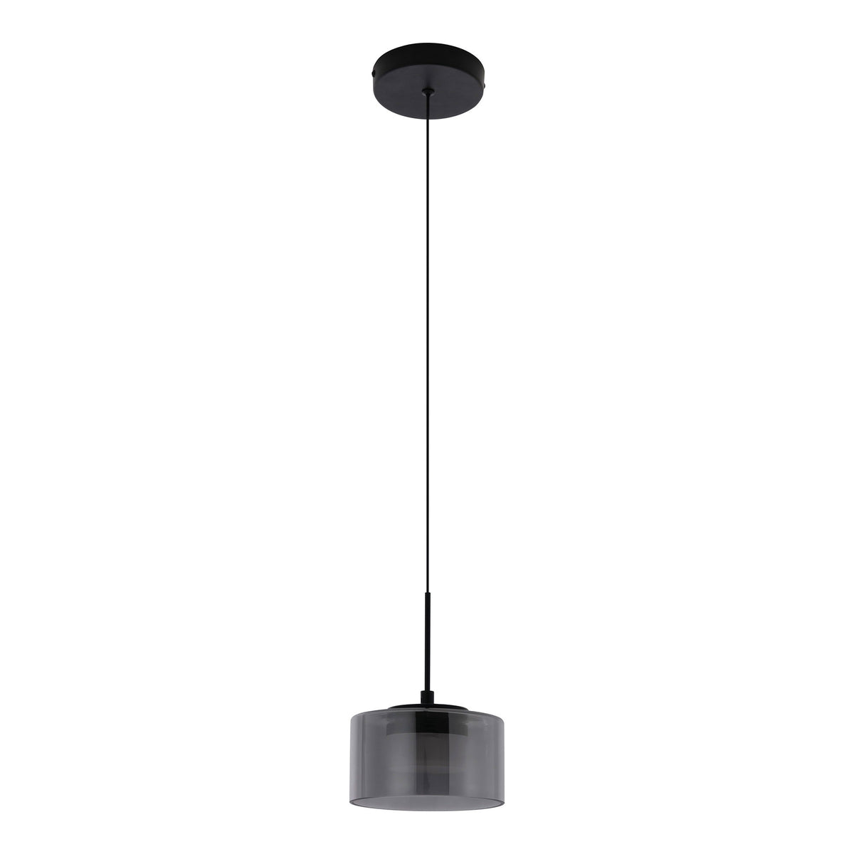 Suspension LED Cholet éteinte avec cylindre en verre fumé câble et rosace en acier noir sur fond blanc