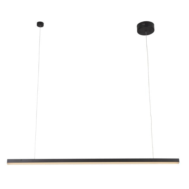 Suspension LED linéaire Trio I noire barre horizontale suspendue à deux câbles fins sous sa rosace et son boîtier rond