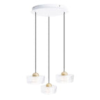Suspension Lipari III trois coupelles transparentes striées et demi-sphères dorées sous une rosace ronde blanche