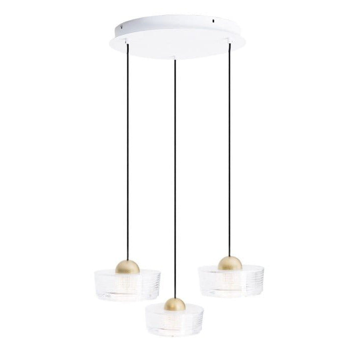 Suspension Lipari III trois coupelles transparentes striées et demi-sphères dorées sous une rosace ronde blanche