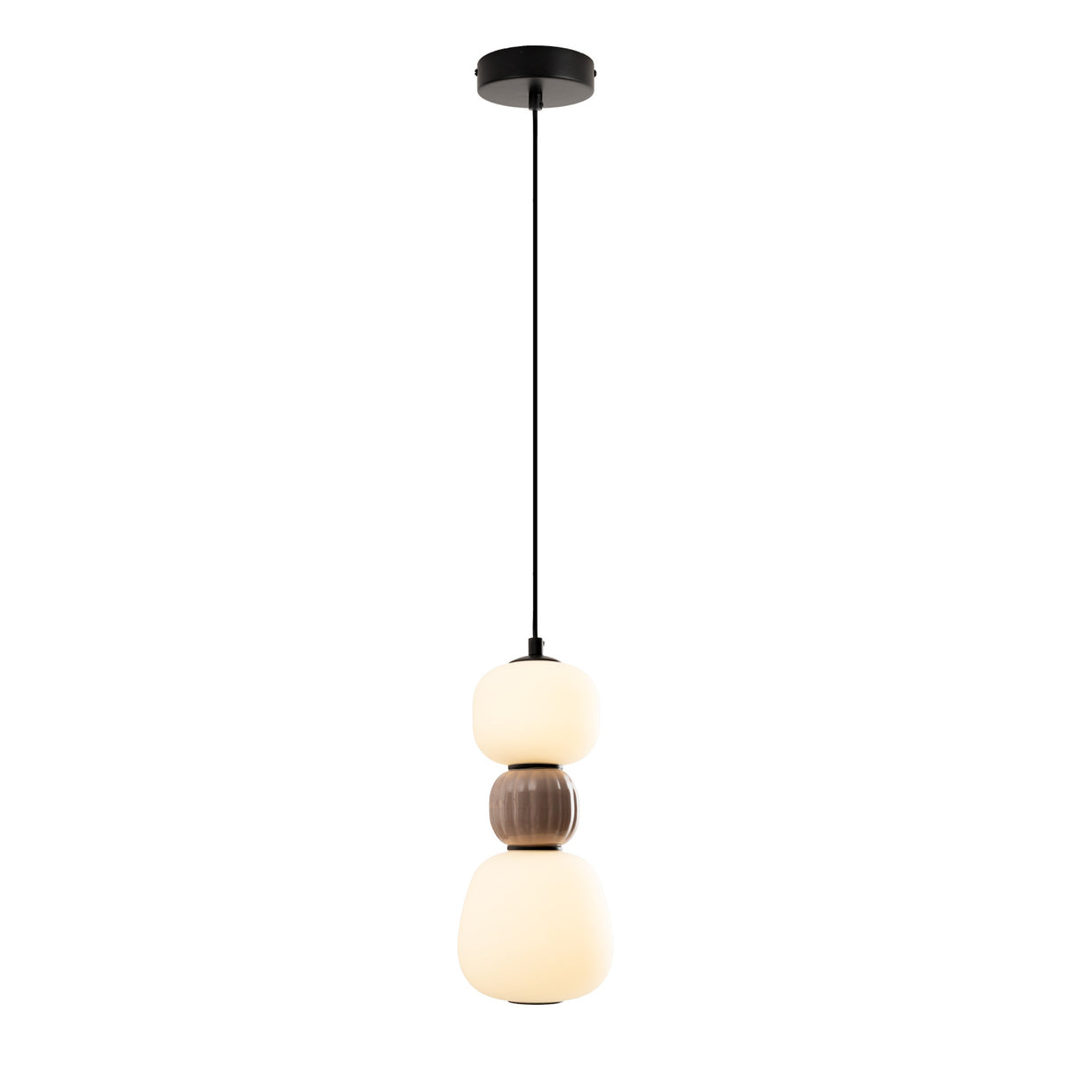 Suspension LED Modern rose poudré avec ses deux globes opale et sa perle nervurée sous une rosace noire