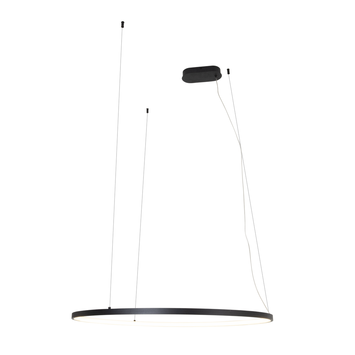 Suspension Visual anneau horizontal Métal noir 80 cm avec sa rosace ovale et ses trois câbles d'ancrage
