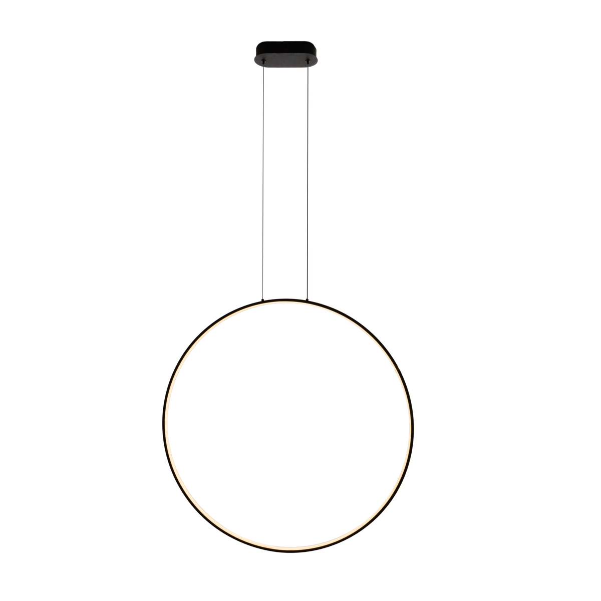 Suspension Visual anneau vertical Métal noir 80 cm allumée avec ses deux câbles et sa rosace ovale