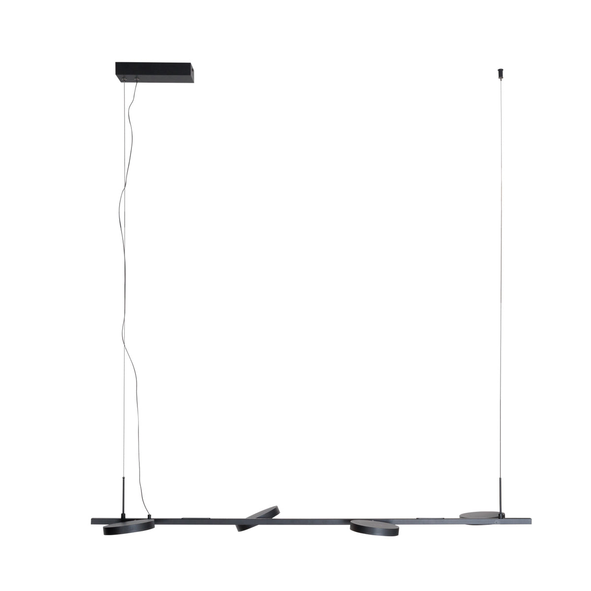Suspension linéaire Ibiza noire barre de 120 cm et quatre disques orientés différemment sur fond blanc