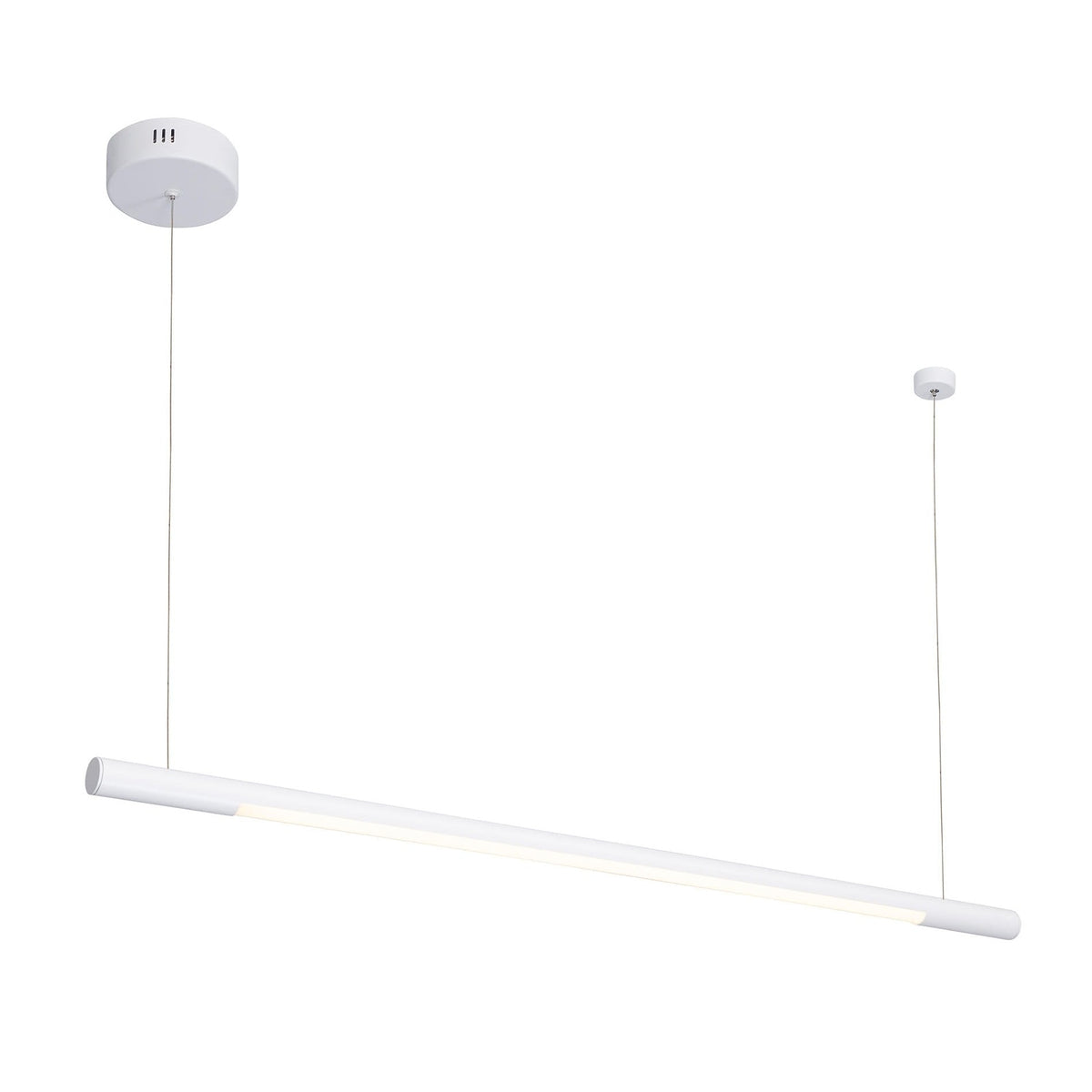 Suspension Organic Horizon métal blanc 100 cm sur fond blanc avec ses deux rosaces et son diffuseur allumé