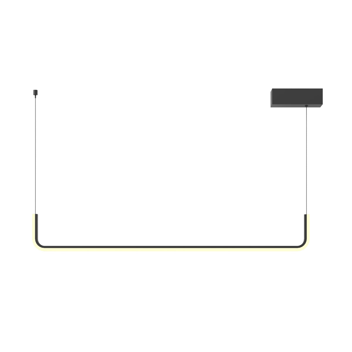 Suspension linéaire LED Urus en U métal noir allumée avec ses deux câbles et sa rosace rectangulaire