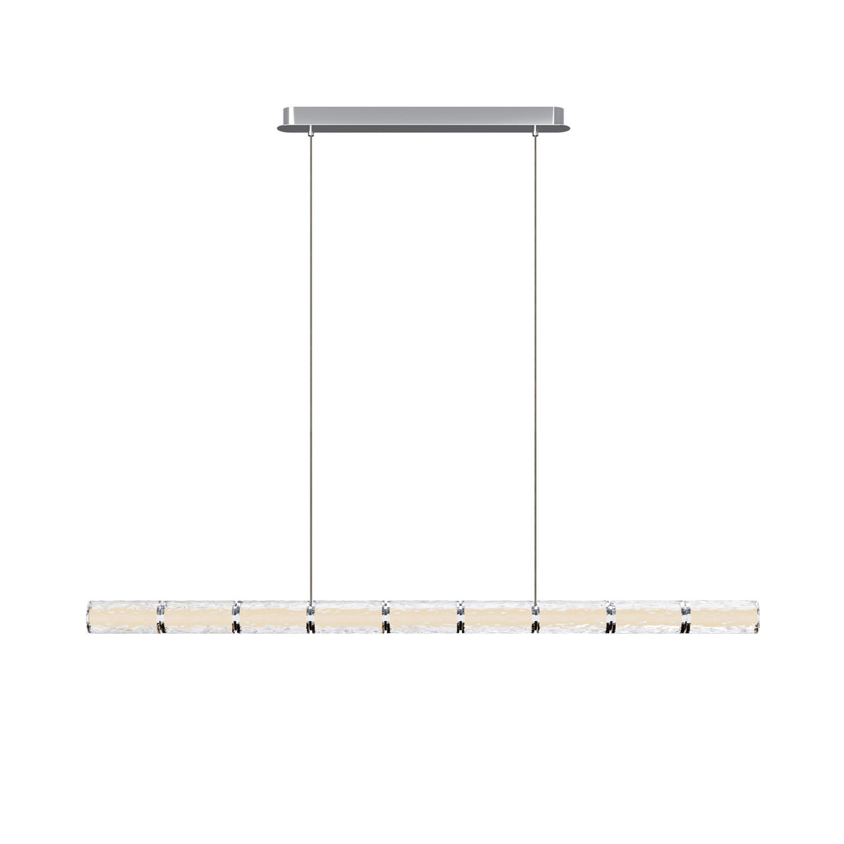 Suspension linéaire Love tube d'acrylique effet glace bagué de métal chromé sous sa rosace rectangulaire chromée